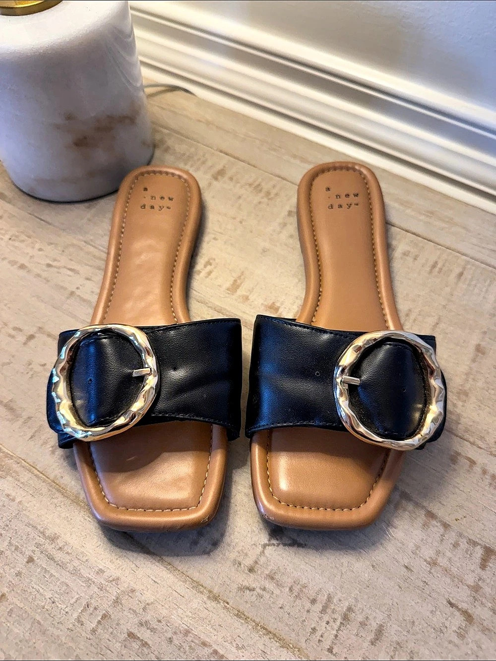 A New Day Square Toe Buckle Slide Sandals Black
